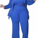 IyMoo Women's Plus Size 3 Piece Sets Outfit Tracksuit Crop Top Blazer Jacket and Wide Leg Long Pants Jumpsuit Romper Suits (4X-Large, Royal Blue)