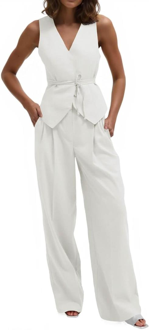 Cicy Bell Womens 2 Piece Outfits V Neck Tie Waist Blazer Vest and Wide Leg Business Casual Suit Pants Sets (Small, White)