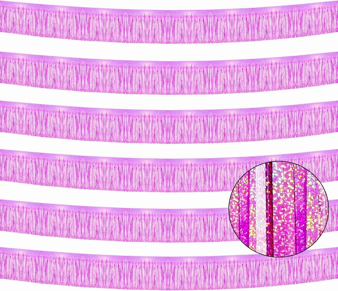 6 Pack Total 60 Feet Foil Fringe Garland Lilac Metallic Wall Hanging Drapes Tassel Skirting Tinsel Streamers for Parade Float Trailer Mardi Gras Party Birthday Wedding (Iridescent Purple), 10 feet