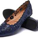 Women's Ballet Flats Black PU Leather Dress Shoes Comfortable Round Toe Slip on Flats with Breathable Eyelets 7.5,Blue 