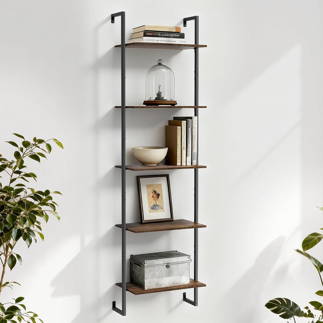 5 Tier Wall Mounted Bookshelf, 15.74" D x 9.44" W x 62.99" H, Narrow Ladder Bookcase with Metal Frame for Home Office, Living Room, Study, Industrial, Brown