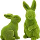 2PCS Easter Bunny Ornament Set, Green Moss Artificial Sculpture, Green Bunny Resin Ornament, Spring Garden Decoration. (Large 2PCS Standing+Sitting)