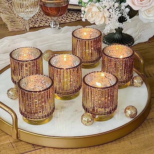 Kate Aspen Gold Votive Candle Holders - Vintage Ribbed Glass Candle Holder Set of 6 - Mercury Glass Tealight Holders for Christmas Table Decor, Holiday Centerpieces, Fall Thanksgiving Tablescape