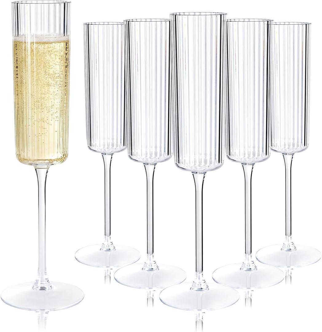 36 Pack Clear Plastic Champagne Flutes - 6oz Ribbed Disposable Champagne Glasses - Clear Vintage Mimosa Glasses with Long Stem - Elegant Sparkling Stemware for Wedding, Party