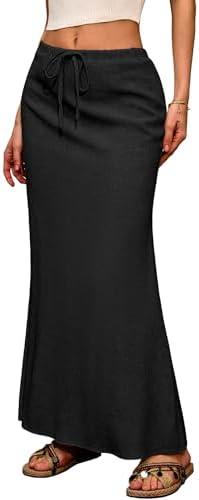 ELLEVEN Linen Flared Maxi Skirt with Back Slit - Elastic Waist Drawstring Long Flowy Ankle-Length Skirt, Size: XL
