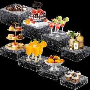 Geelin 8 Pack Acrylic Buffet Risers - 3 to 10 Inch Decorative Cube Boxes, Display Stands with Hollow Bottoms for Food Jewelry Table Display Supplies(Clear,Wave)
