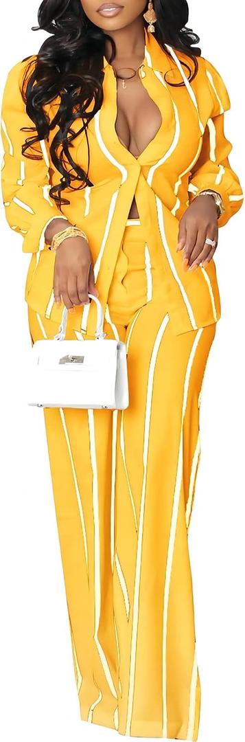 Remelon Women's Casual Two Piece Outfits Striped Long Sleeve Collar Button Down Shirt Blouse High Waist Wide Leg Pants Sets (Large, Yellow)