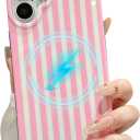 Magnetic Cases for iPhone 16 Case Striped Phone Case Cute Women Girly Trendy Compatible with MagSafe,Shockproof Slim Soft TPU and Hard PC Protective Cover Pink