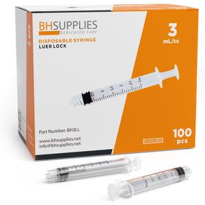 BH Supplies 3ml Luer Lock Tip Syringes (No Needle) - Sterile, Individually Wrapped - 100 Syringes