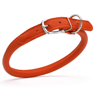 Rolled Leather Dog Collar Soft Round Collars, ID Tag for Small Medium Large Dogs (9 12 inch, Orange & Silver Buckle)