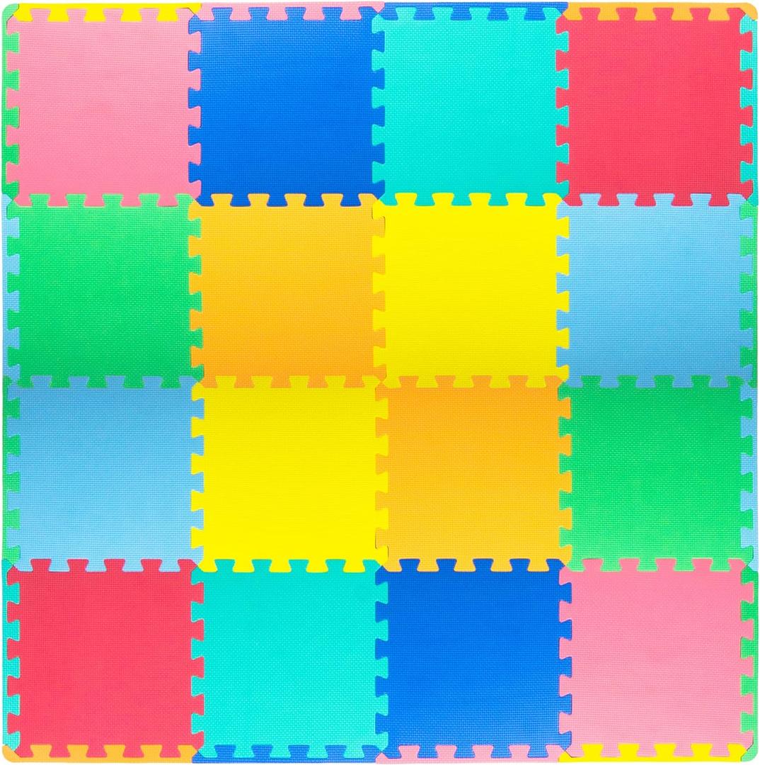 ProSource Baby Play Mat, Soft Foam Floor Tiles for Kids, Interlocking EVA Panels for Playpen Use, Crawling Development Surface, Safe Non-Toxic Toddler Flooring, 16 Tiles, Multicolor