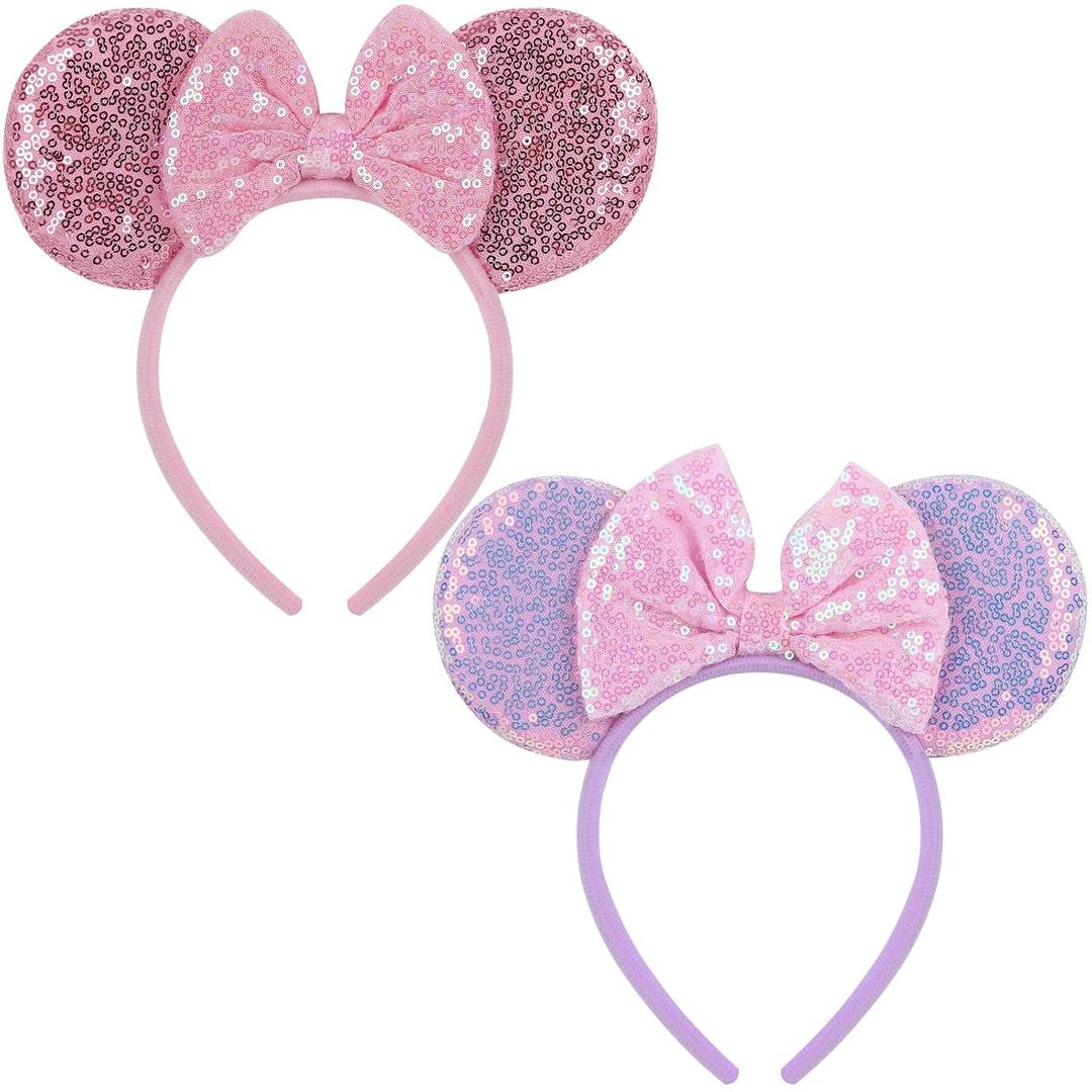 2 Pack Pink Purple Mouse Ears Headbands for Women Girls, Sequin Bow Headband for Cosplay Costume Birthday Party Decorations Hair Accessories