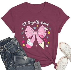 100 Days of School Shirt for Women-Happy 100th Days T-Shirt-Bow Pencil Teacher Top Tee Back to School Teaching Life Tee Red, L