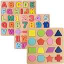 Wooden Puzzles for Toddlers, 3pack Alphabet Shape Puzzles for Kids 3 Wooden Montessori Toddler Wooden Alphabet Number Shape for Kids 3 Years Old Boys & Girls