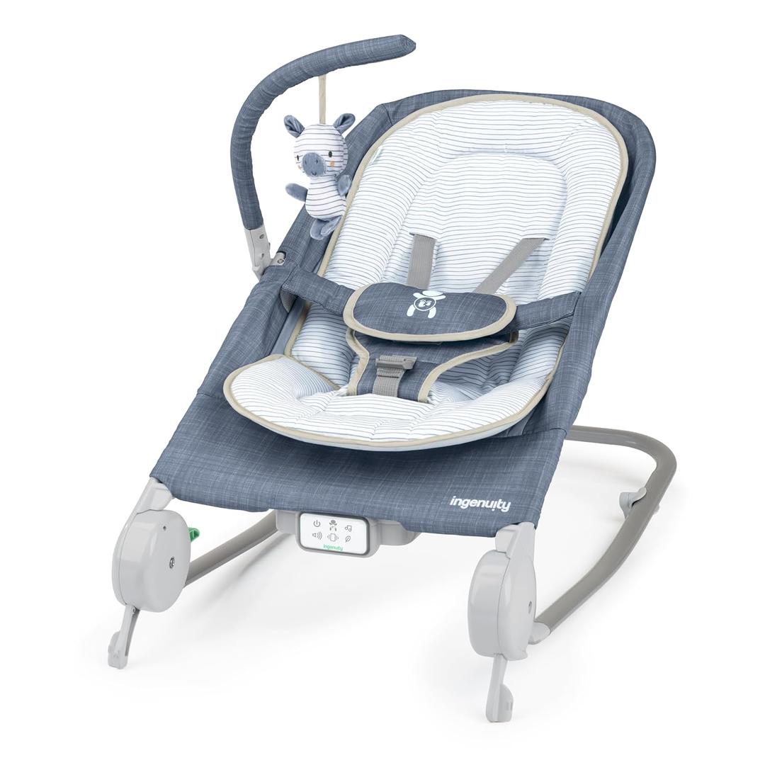 Ingenuity Gas Relief and Anti-Colic Baby Bouncer Seat and Rocker, Gentle Belly Massage to Relax and Soothe Bellies, Instant Tummy Soother, 20 Songs and Melodies Chambray Blue