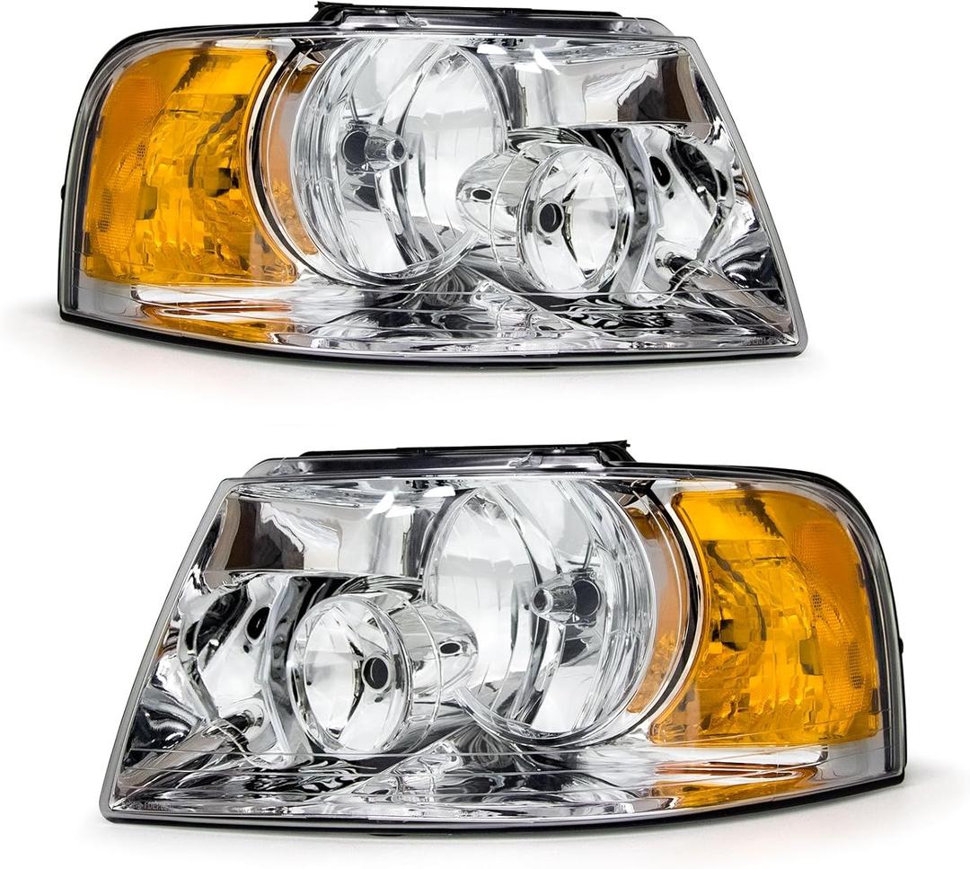for 2003 2004 2005 2006 Ford Expedition Headlight Assembly compatible with 03-06 Ford Expedition Chrome Housing Amber Reflector Headlamp Replacement Left and Right Pair