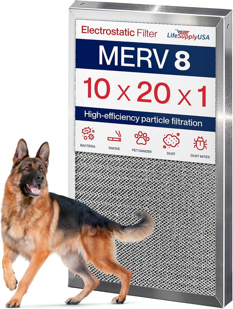 10x20x1 Electrostatic Air Filter, MERV 8, Washable, Reusable Furnace AC/HVAC Filter, Energy Saving, Easy to Clean, Long-Lasting by LifeSupplyUSA