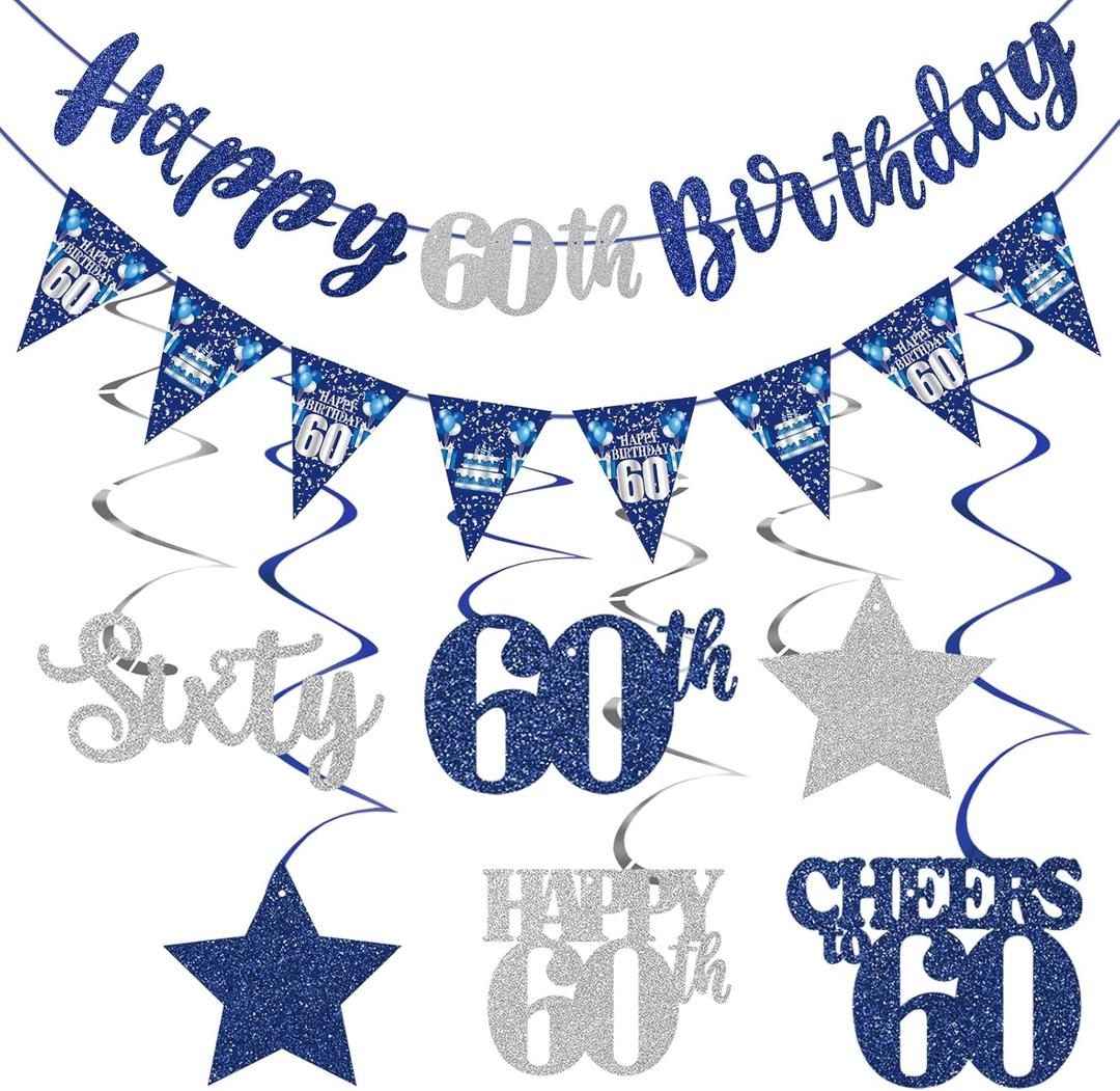 Blue Silver 60th Birthday Decorations for Men Women, Happy 60th Birthday Banner Stars Sixty Hanging Swirls Cheers to 60 Bday Decor Party Supplies Sign