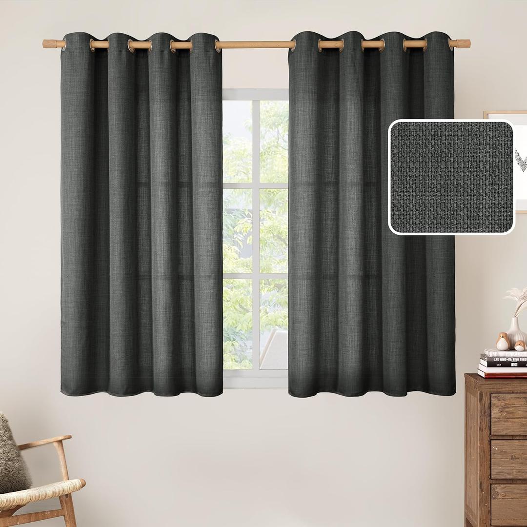 LAMIT Linen Curtains 45 inch for Bedroom, Grommet Thick Linen Textured Privacy Drapes Light Filtering Burlap Curtains for Farmhouse/Boys' Room, 2 Panels (52 x 45 Inch, Dark Grey)