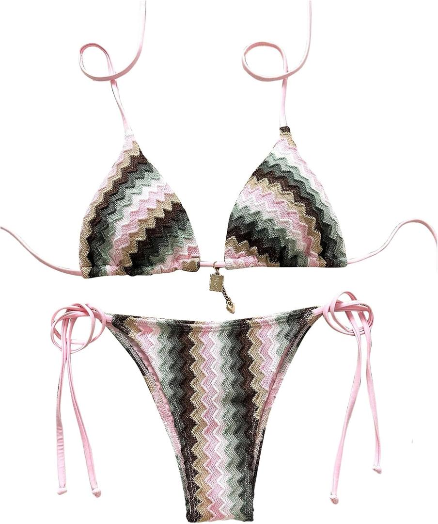 Women's Colorful Striped Halter String Bikini Set 2 Piece Tie Side Triangle Swimsuits Textured Swimwear (Large, Pink Multicolor) Women's Colorful Striped Halter String Bikini Set 2 Piece Tie Side Triangle Swimsuits Textured Swimwear (Large, Pink Multicolor)