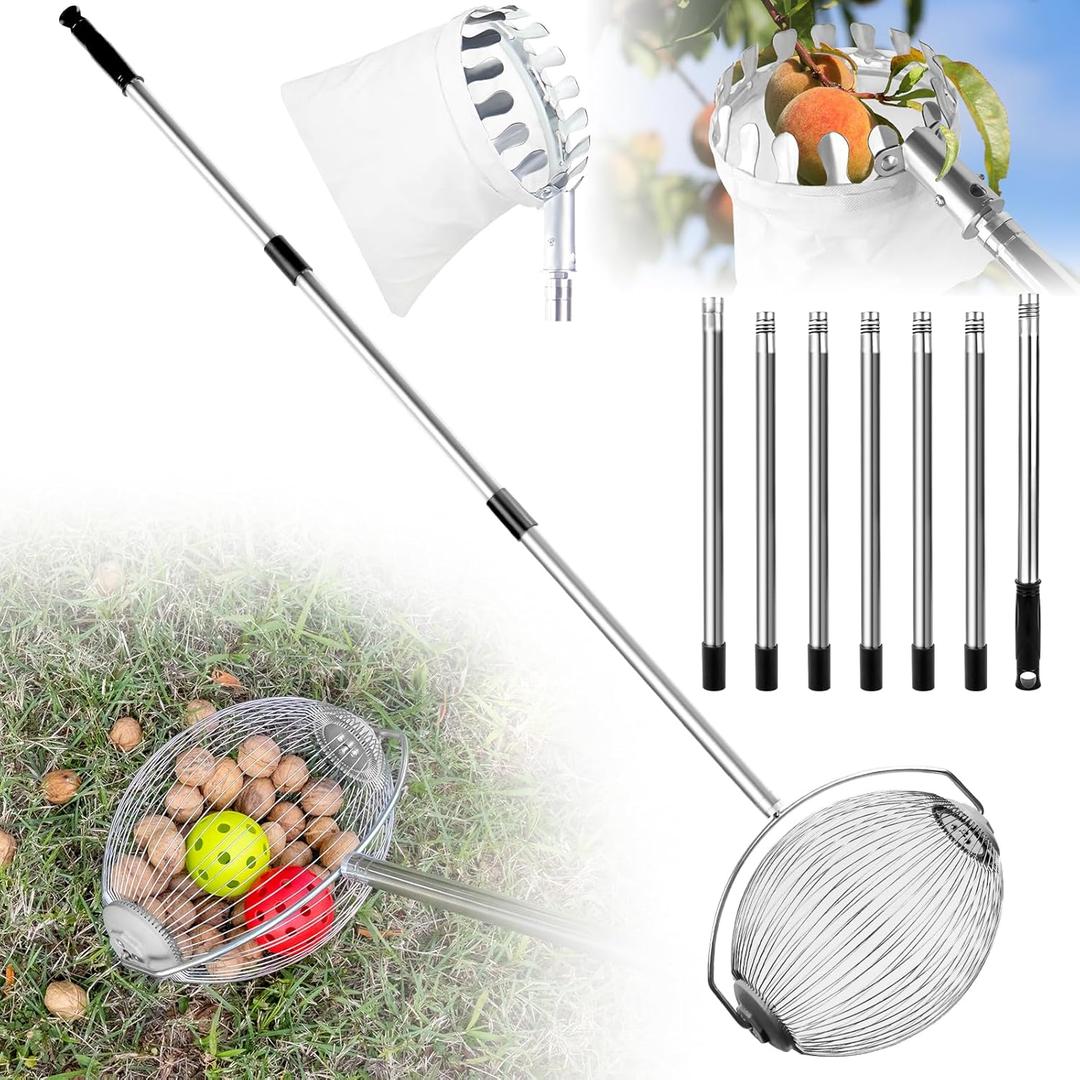 2 in 1 Pecan Picker Upper Roller, 9FT Adjustable Fruit Pickers Pole with Basket Telescoping, Nuts Gatherer, Avocado Picking, Nut Rollers Kit Ware for Outdoor Fruits Tree, Walnuts Gathering