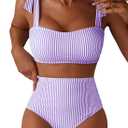 Herseas Women's Tie Shoulder Bikini Sets 2 Piece Striped Swimsuits High Waisted Bathing Suits (Large)