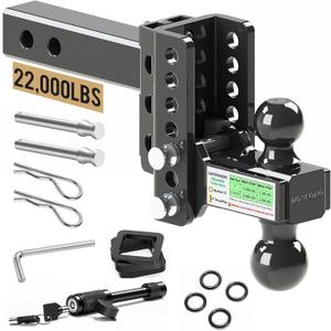 Adjustable Trailer Hitch Fits 2 Inch Receiver, Dual Ball 2'' & 2-5/16'' with 22,000 LBS Max GTW, 4'' Drop/Rise, Premium Manganese Steel Solid Tow Hitches, Bulletproof Lock, Anti Rust, Anti Rattle (4")