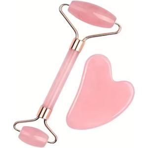 Rose Quartz Facial Roller and Gua Sha Stone Set, Pink Jade Face Massage Tools for Skin Care, 2 Piece Set