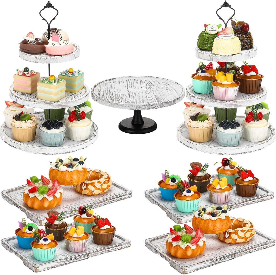 Havawish 6 Pcs Wood Dessert Table Display Set, 3 Tier Wooden Cupcake Stand Round Cake Stand Rectangular Serving Tray Platter for Display Tea Party Wedding Farmhouse(White Color)
