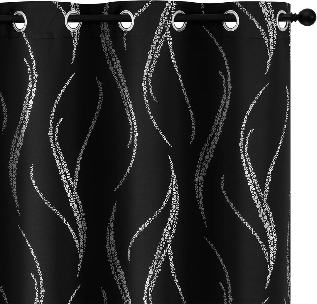 Yakamok Blackout Curtains 84-inch Length Living Room Thermal Insulated Silver Wave Line Dots Pattern Curtains Room Darkening Grommet Curtains for Bedroom, Black, W42 x L84-inch, 2 Panels