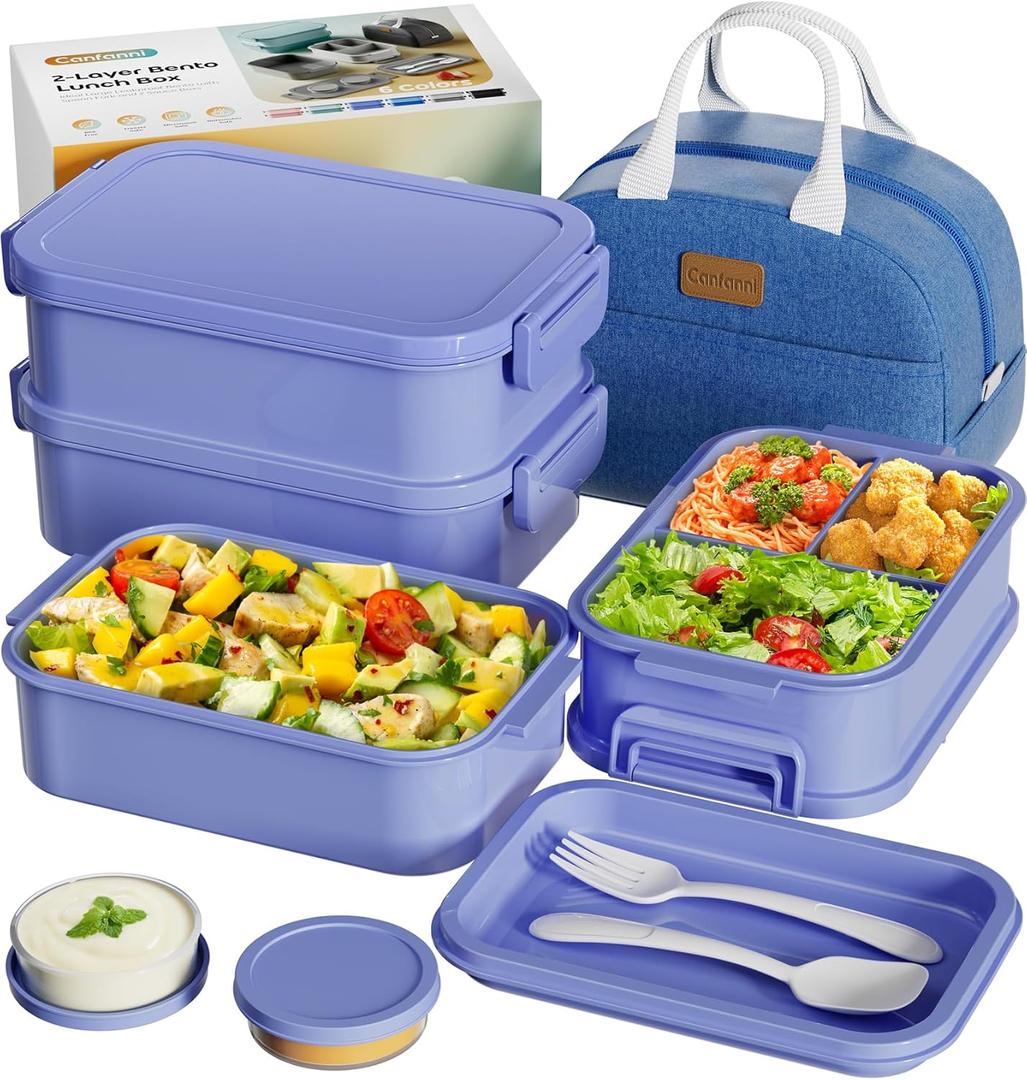 Adults Bento Box with Insulated Lunch Bag, 74oz Capacity 3 Stackable Leak-Proof Bento Box Built-In Utensil and Sauce, PFAS & BPA-Free, Microwave & Dishwasher Safe (Mist Purple)