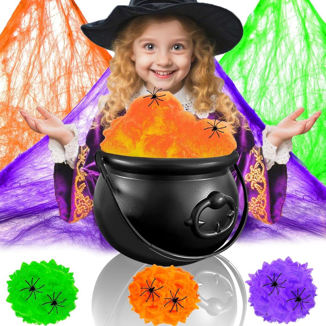 109oz Halloween Candy Cauldron Set,Portable Witch Spooky Bucket with 3pcs Spider Webs for Decoration Indoor Table Spiderweb Decor Trick or Treat Party Supplies