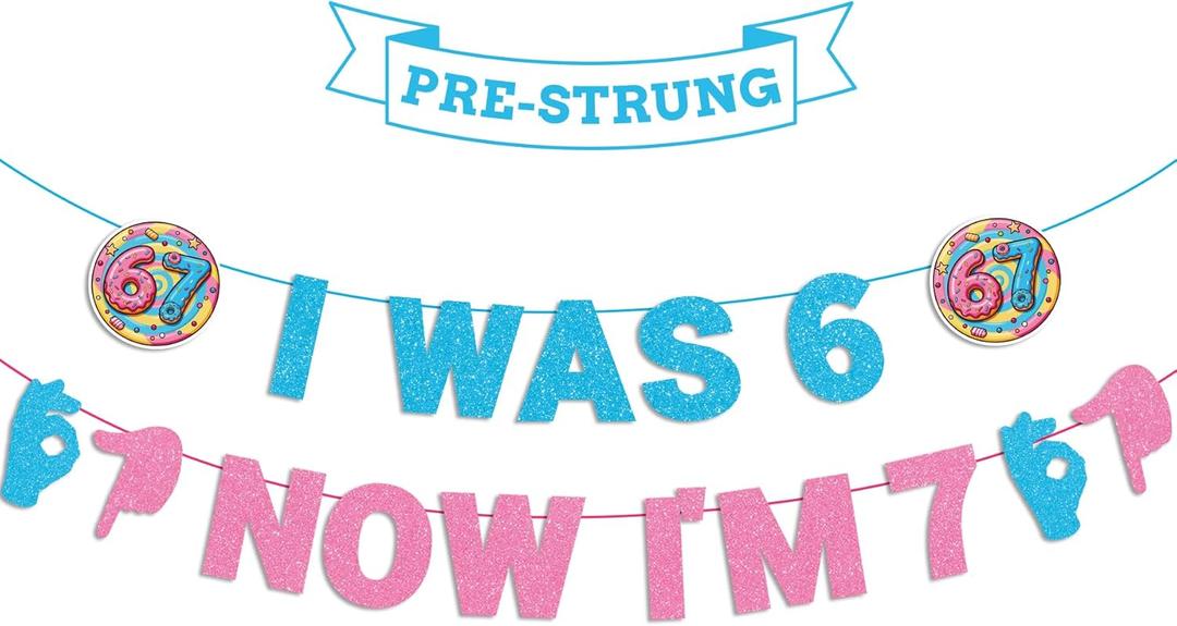 6 7 Birthday Decorations Banner Pre-Strung Pink and Blue Glitter Happy Birthday Banner for Party,The 6 7 Meme Hanging Decor with Doughnut Pattern for Boys and Girls Party