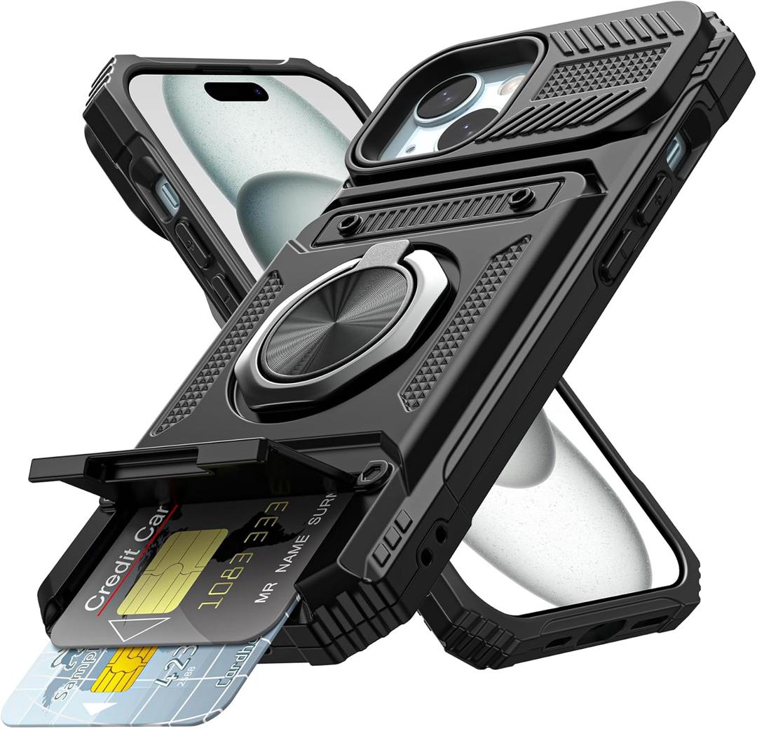 Vofolen for iPhone 15 Plus Wallet Case with Card Holder [Store 2 Cards] + 360 Magnetic Rotated Ring Kickstand Heavy Duty Protective Shockproof Wallet Phone Case for iPhone 15 Plus 6.7 Inch Black