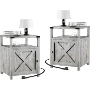 Farmhouse Nightstand Set of 2 with Charging Station, Rustic End Table Bedroom with Storage Living Room Side Table Grayish White Night Stand Industrial Bedside Table, 17.7 X 17.7 X 23.6 Inches