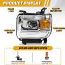 Headlight Assembly Compatible with GMC Sierra 2014-2018 1500 | 2015-2019 2500HD/3500HD Base/Denali/SLE/SLT, Halogen Headlamp Replacement W/O LED DRL, With Bulbs, Chrome Housing Amber Reflector