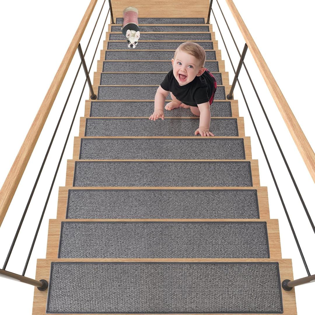 30X8 Inch Stair Mat, 15 Pack Comfortable Stair Treads for Wooden Steps, Non-Slip Stair Runner with Rubber Backing for Elderly, Children and Dogs (Dark Grey) (1'6" x 2'6" (Rectangular))