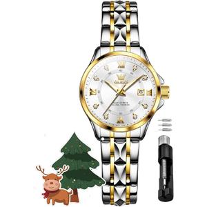 OLEVS Women's Watches Luxury Fashion Diamond Classic Arabic Dial Wrist Watch for Women with Date Waterproof Stainless Steel Quartz Ladies Watch (2906 Gold Silver White Face)
