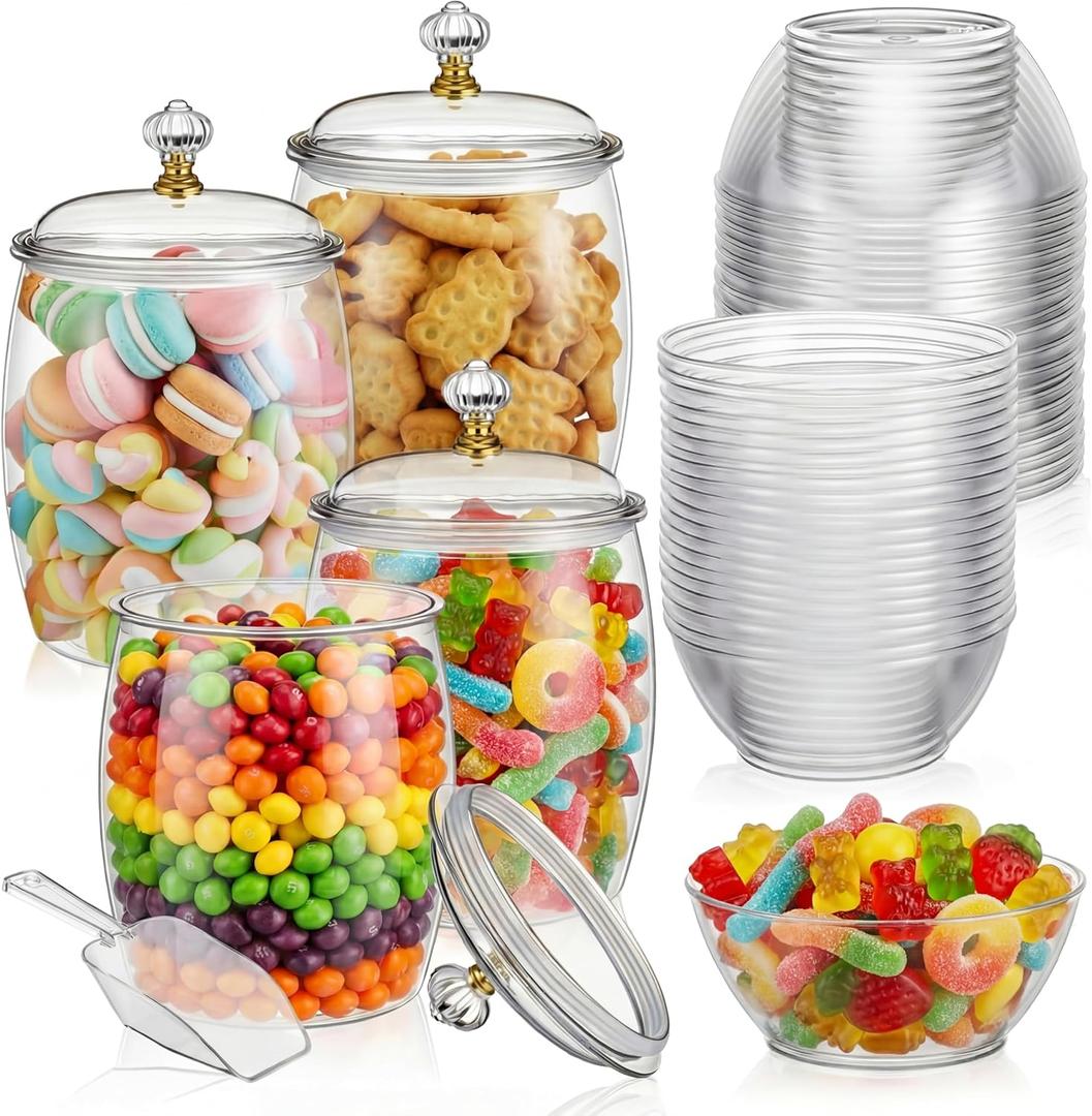 LemonRoad 4 Pcs 64 oz Plastic Candy Jars with Lids 100 Pcs Bowls 2 Spoons, Clear Cookie Dessert Buffet Containers Set Large Airtight Apothecary Storage for Wedding Home Bar Supply