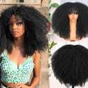 ZadaBelly 18Inch Long Afro Black Curly Wig With Bang for Black Women Bomb Kinky Curly Wig Heat Resistant Puffy and Fluffy Bouncy Curly Synthetic Hair,Natural LookingBlack color wig
