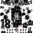 Black 18th Birthday Party Decorations - Time to Adult 18 Years Old Decoration Banner with Door Banner Hanging Swirls Balloons Cake Topper, Sweet Happy 18th Birthday Party Supplies for Boys Girls