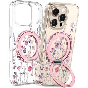 Loheckle for iPhone 16 Pro Case with Stand- Compatible with MagSafe Women Girls Cute Clear Girly Aesthetic Unique Design Soft TPU Magnetic Ring Phone Cover for Apple 16 Pro, Purple Flower