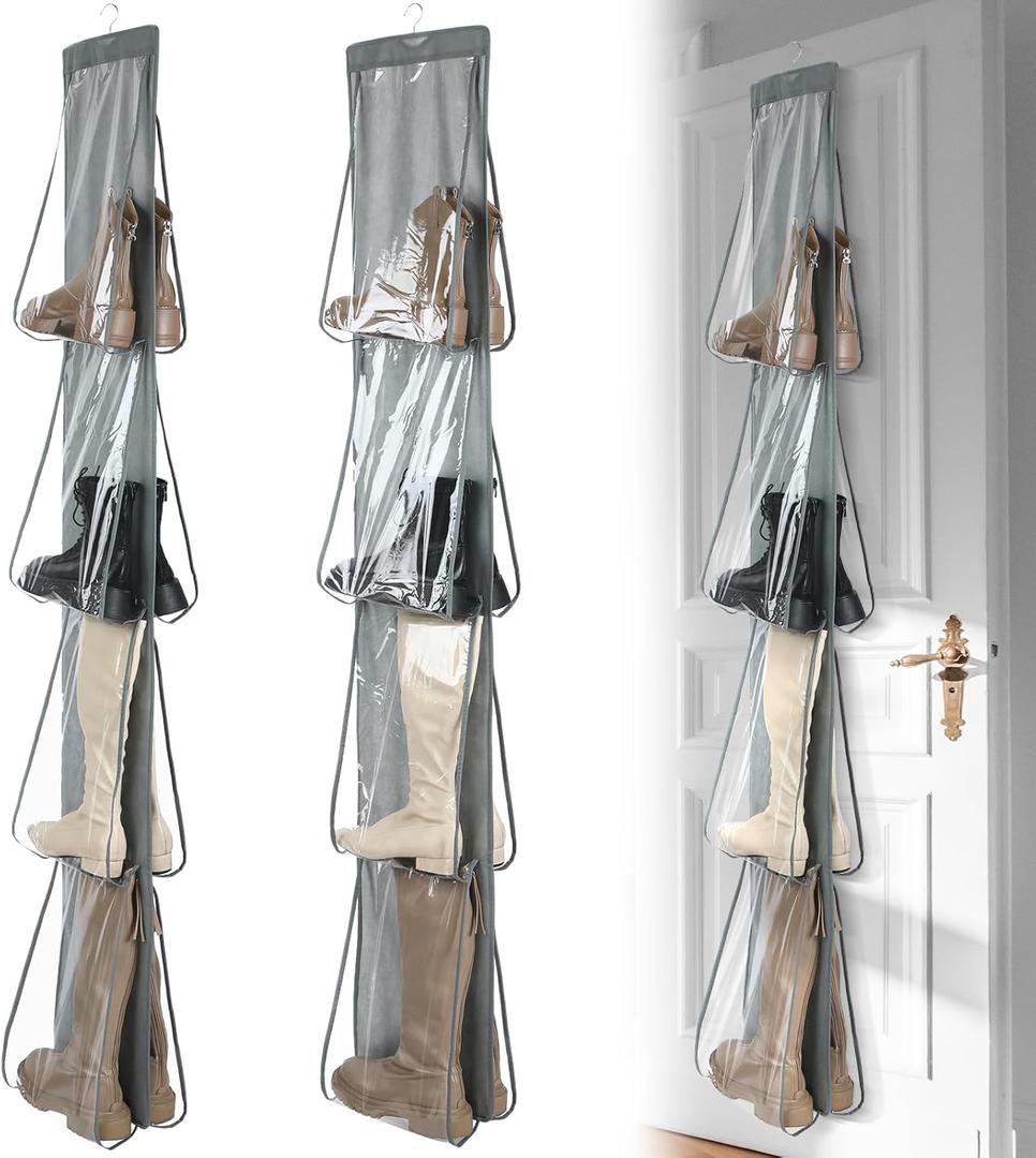 Windyun Sets 16 Large Clear Pockets Fabric Dual Sided Hanging Shoe Rack for Closets Hanging Shoe Organizer with Rotating Hanger Boot Organizer for Storage Men's and Woman's Boots(Gray)