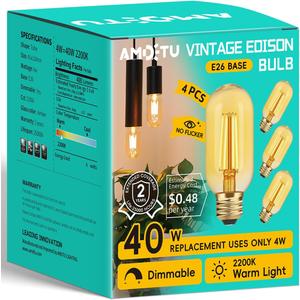 AMDTU LED Edison Bulbs 40 Watt Equivalent Dimmable, Straight Filament Vintage 4W E26 Bulb, Warm Yellow 2200K Amber Glass Tubular Light Bulbs, AC120V, 400LM, UL Listed, 4 Pack