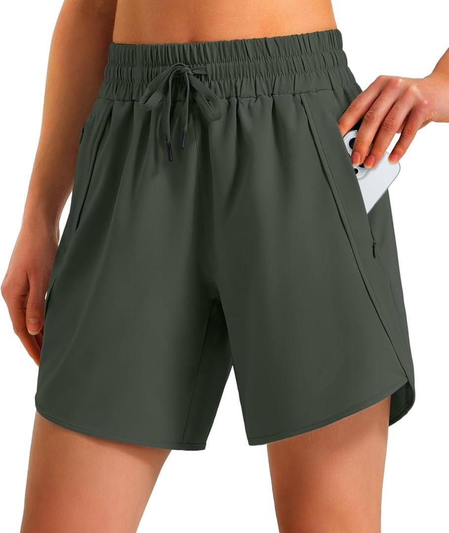 Ksmien Women's 5"/ 7" Athletic Running Shorts Quick Dry Lightweight Workout Gym Shorts with Zipper Pockets UPF 50+ (Medium, Olive Green)