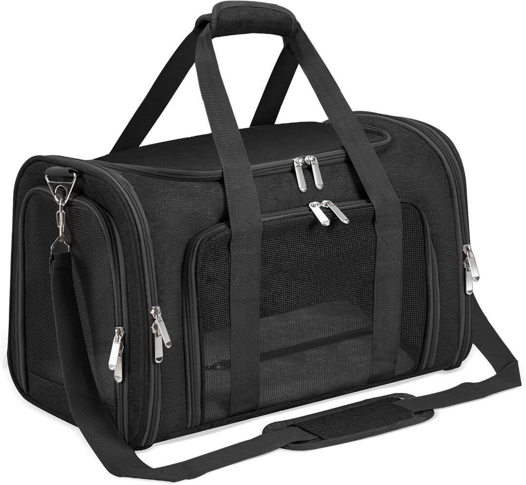 Soft-Sided Cat/Dog/Pet Carrier, Collapsible Pets Travel Carriers for Big Cats/Small Dogs with Shoulder Strap & Removable Mat, Mesh Puppy Carry Bag, Up to 16 Lbs, TSA Airline Approved (Black)