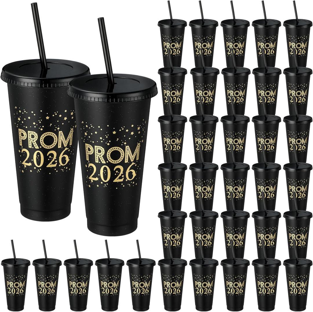 24 Pcs 2026 Graduation Prom Cups Grad Party Favors Gifts 24 Ounce Insulated Plastic Tumbler with Lid and Straw for Graduation Prom Party Supplies(Black)