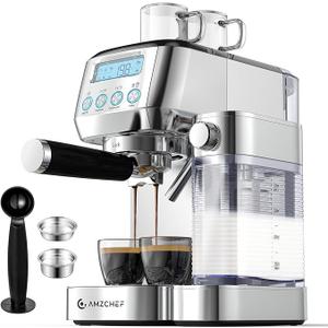 AMZCHEF Espresso Machine with LCD Display, 20 Bar Cappuccino Machines with Automatic Milk Frother for Home Gifts, Latte Coffee Maker with Dual Wall & ESE Filters, Stainless Steel Style