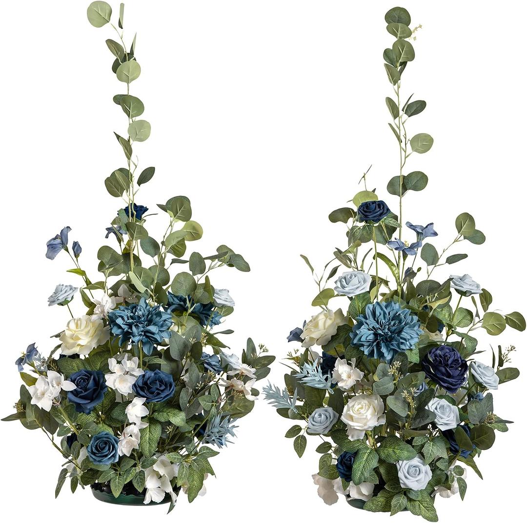 Ling's moment 41" Tall Free Standing Artificial Flowers Arrangements 2 pcs Wedding Arch Altar Stage Decorations Dusty Blue Navy for Ceremony Reception Silk Rose Fake Floral Party Outdoor Beach Decor