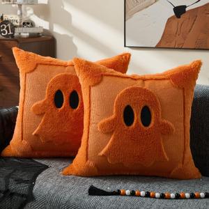 DFXSZ Halloween Pillow Covers 18x18 inch Set of 2 Black Eyes Orange Ghost Throw Pillow Cases Soft Plush Faux Fur Wool Couch Cushion Case for Chair Sofa Bedroom Living Room Home Decor PTK058C18
